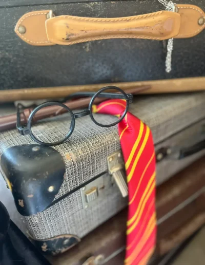 Harry Potter glasses, Gryffindor tie and vintage suitcases displayed as part of a themed birthday party setup.